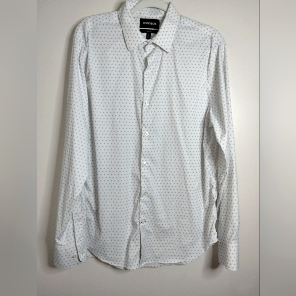 Bonobos (Sz L) Men's White/Blue Print Stretch Button Down Standard Fit LS Shirt